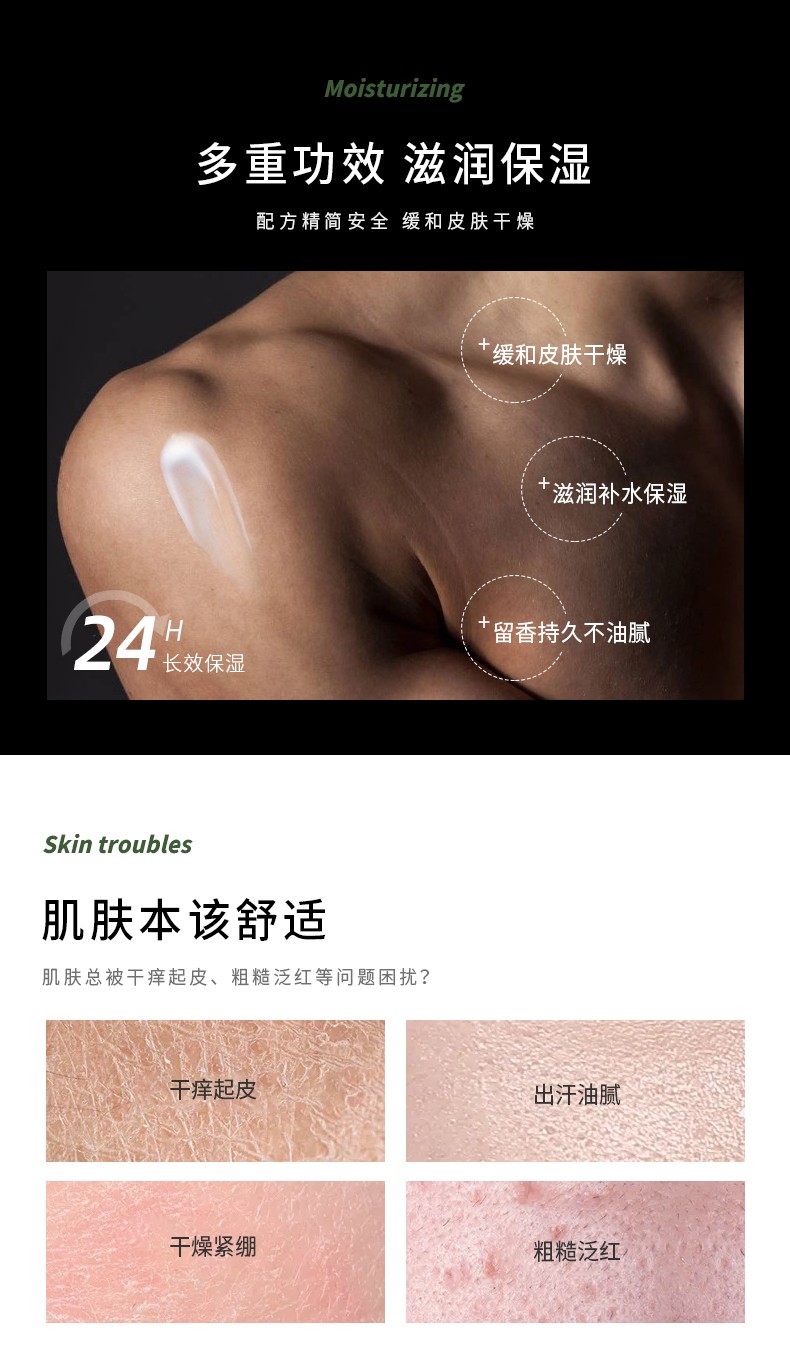 多重功效 滋潤保濕，配方精簡安全緩和皮膚干燥，滋潤補(bǔ)水保濕，24小時長效保濕，細(xì)膩溫和不刺激，留香持久不油膩
