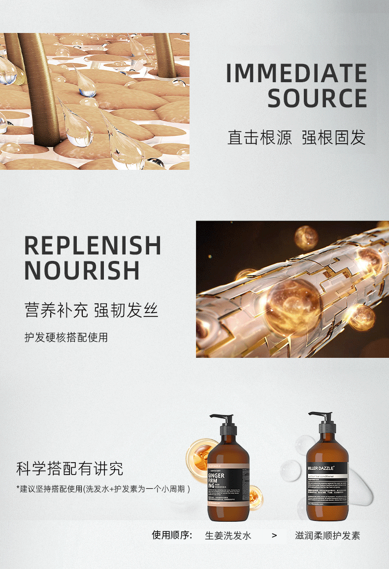直擊根源強(qiáng)根固發(fā)   REPLENISH NOURISH   營養(yǎng)補(bǔ)充 強(qiáng)韌發(fā)絲   護(hù)發(fā)硬核搭配使用   科學(xué)搭配有講究   *建議堅持搭配使用（洗發(fā)水+護(hù)發(fā)素為一個小周期）