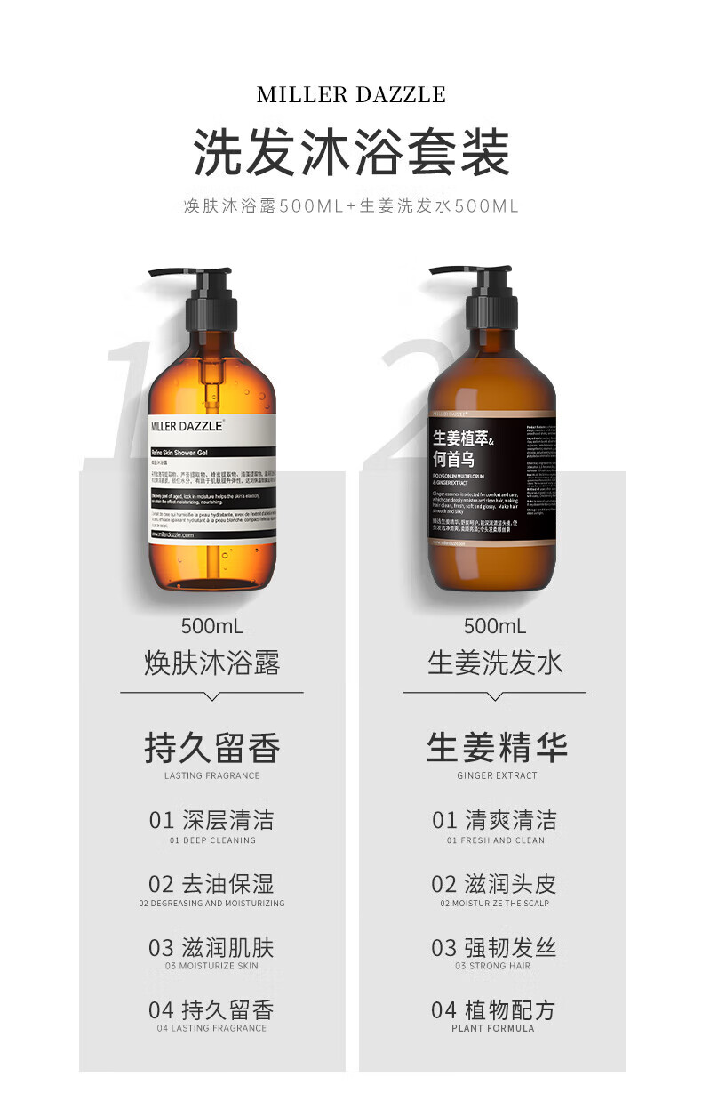 MILLERDAZZLE洗發(fā)沐浴套裝包括煥膚沐浴露500ML和生姜洗發(fā)水500ML，采用生姜植萃和何首烏成分。產(chǎn)品具有持久留香的生姜精華，深層清潔和去油保濕功效，讓肌膚保持滋潤，同時清爽清潔頭皮，滋潤頭皮，強(qiáng)韌發(fā)絲。整個套裝體現(xiàn)了MLLERDAZZLE品牌對健康和自然美的追求。